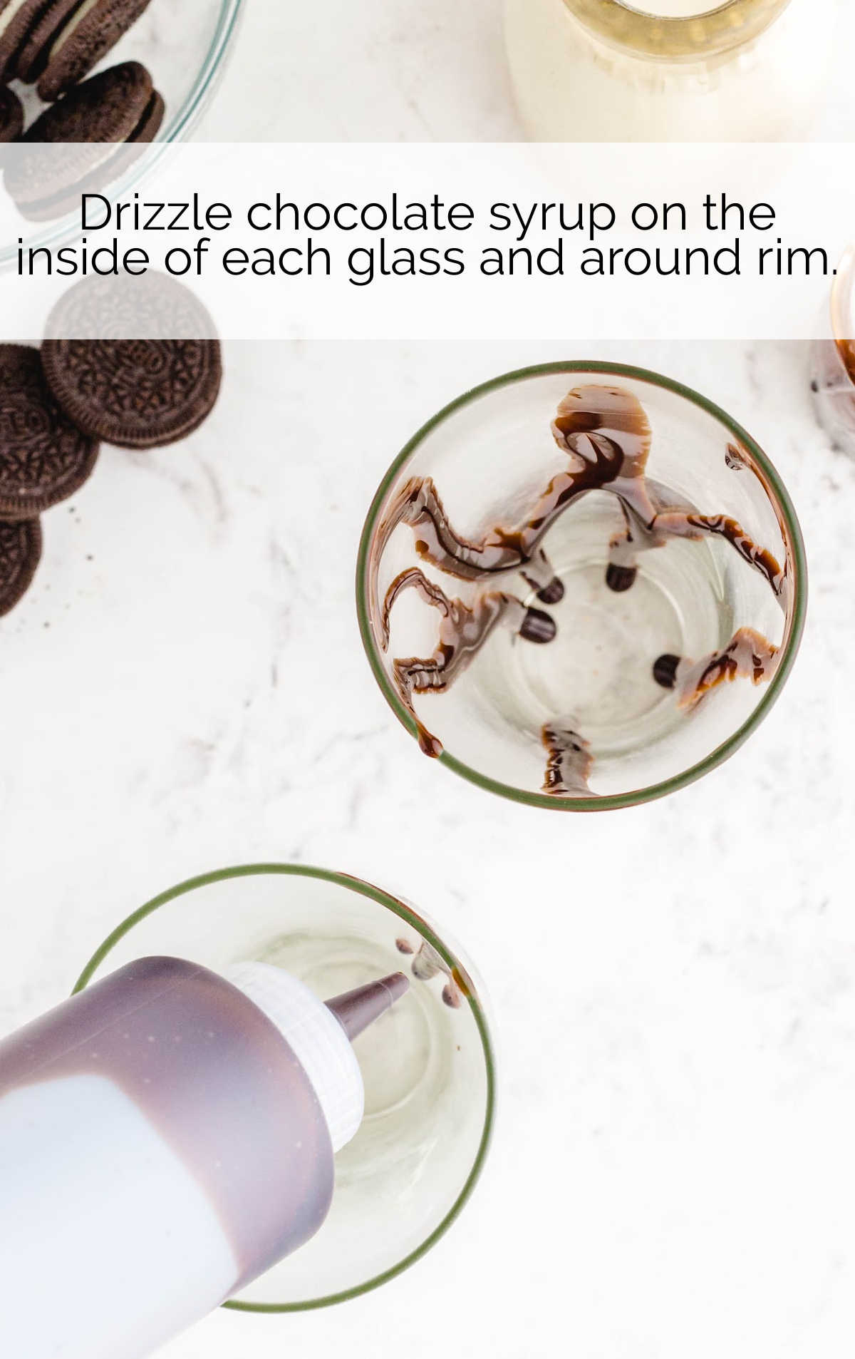 chocolate syrup drizzled on the rim of the glass