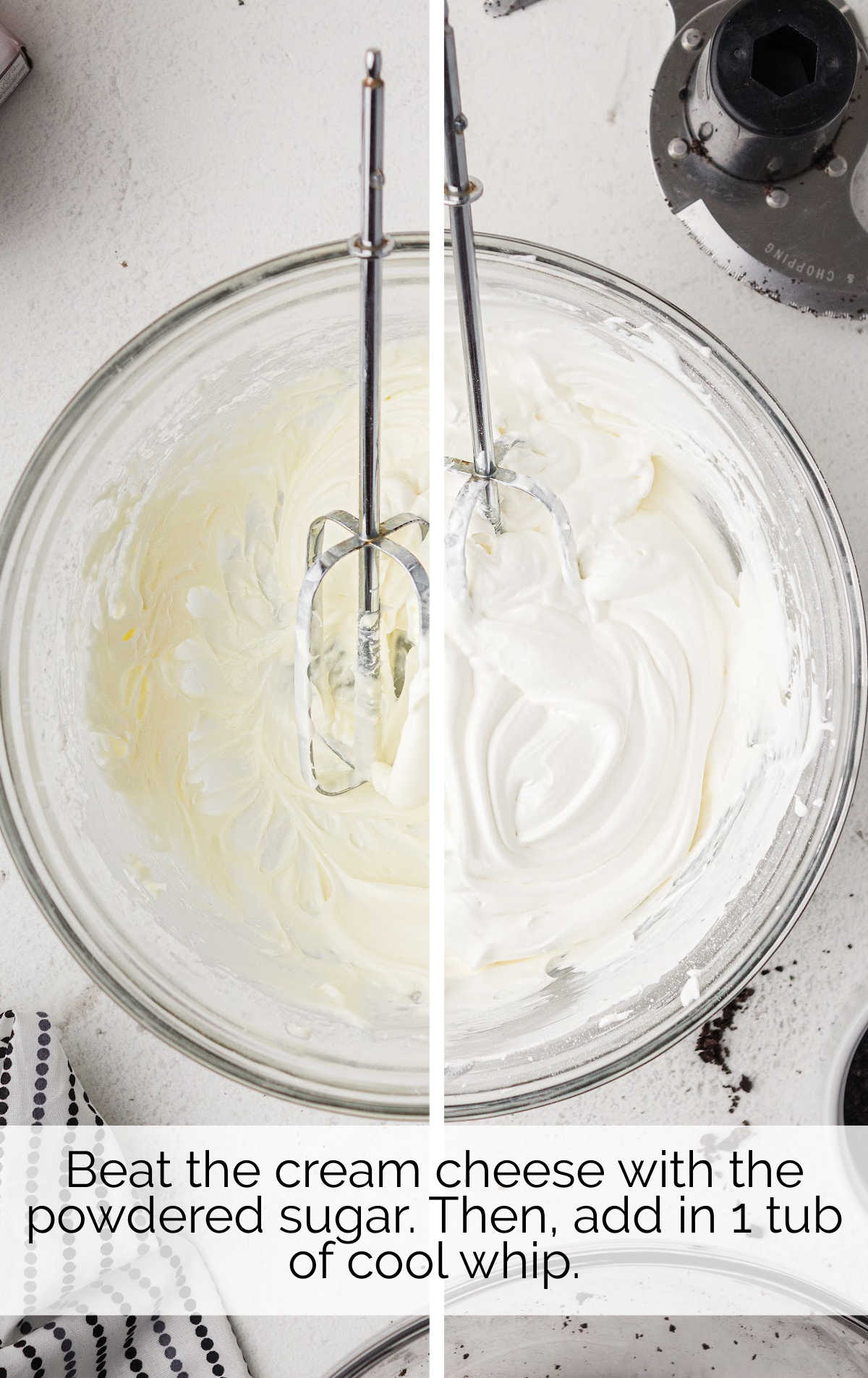 cream cheese, sugar, and whip cream blended together in a bowl