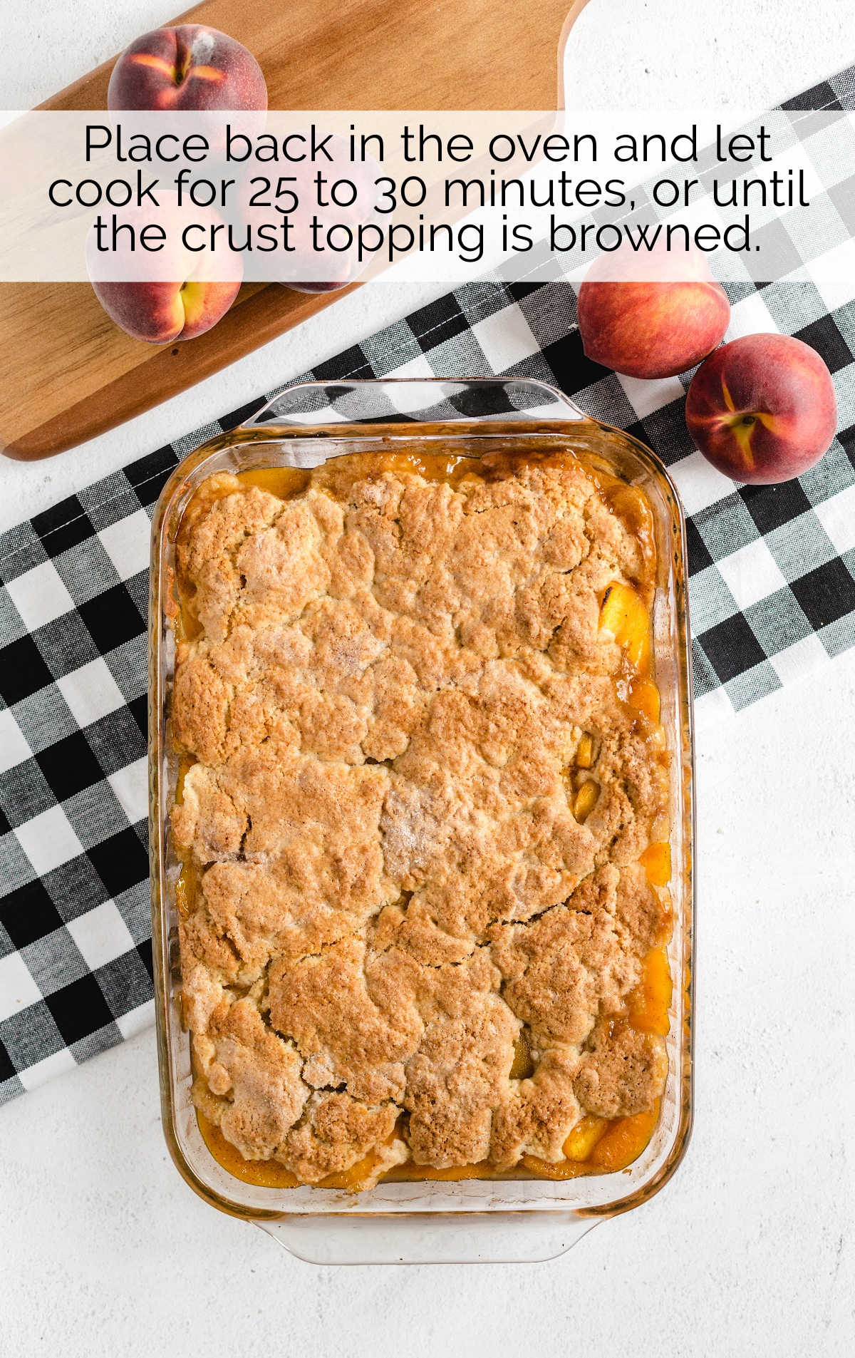 Peach Cobbler baked in a baking dish