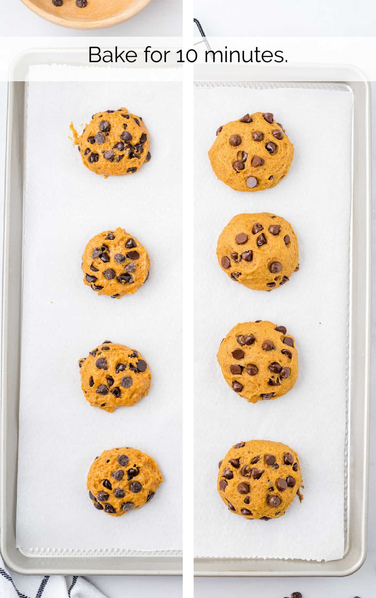 Pumpkin Chocolate Chip Cookies on a parchment line and on a backing tray