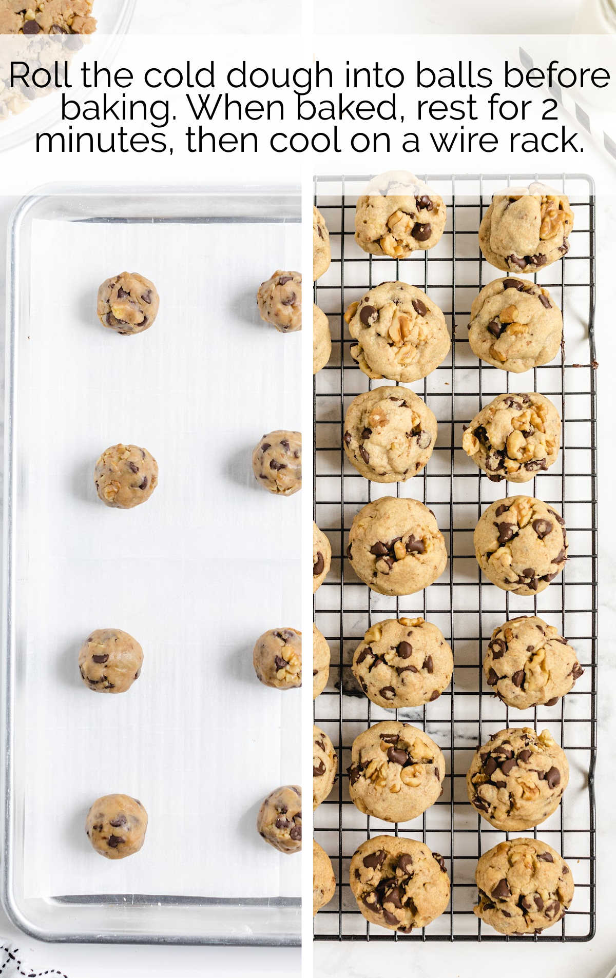 Cookie dough on a parchment paper lined pan and after being baked on a cooling rack