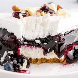 a close up shot of a slice of Blueberry Delight