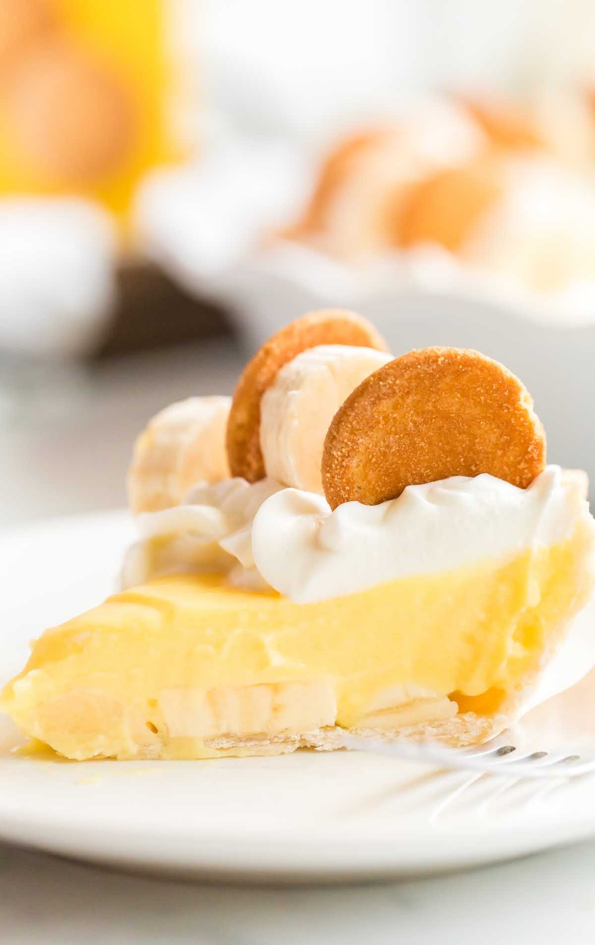 a close up shot of a slice of close up shot of Banana Pudding Pie topped with vanilla wafers on a plate