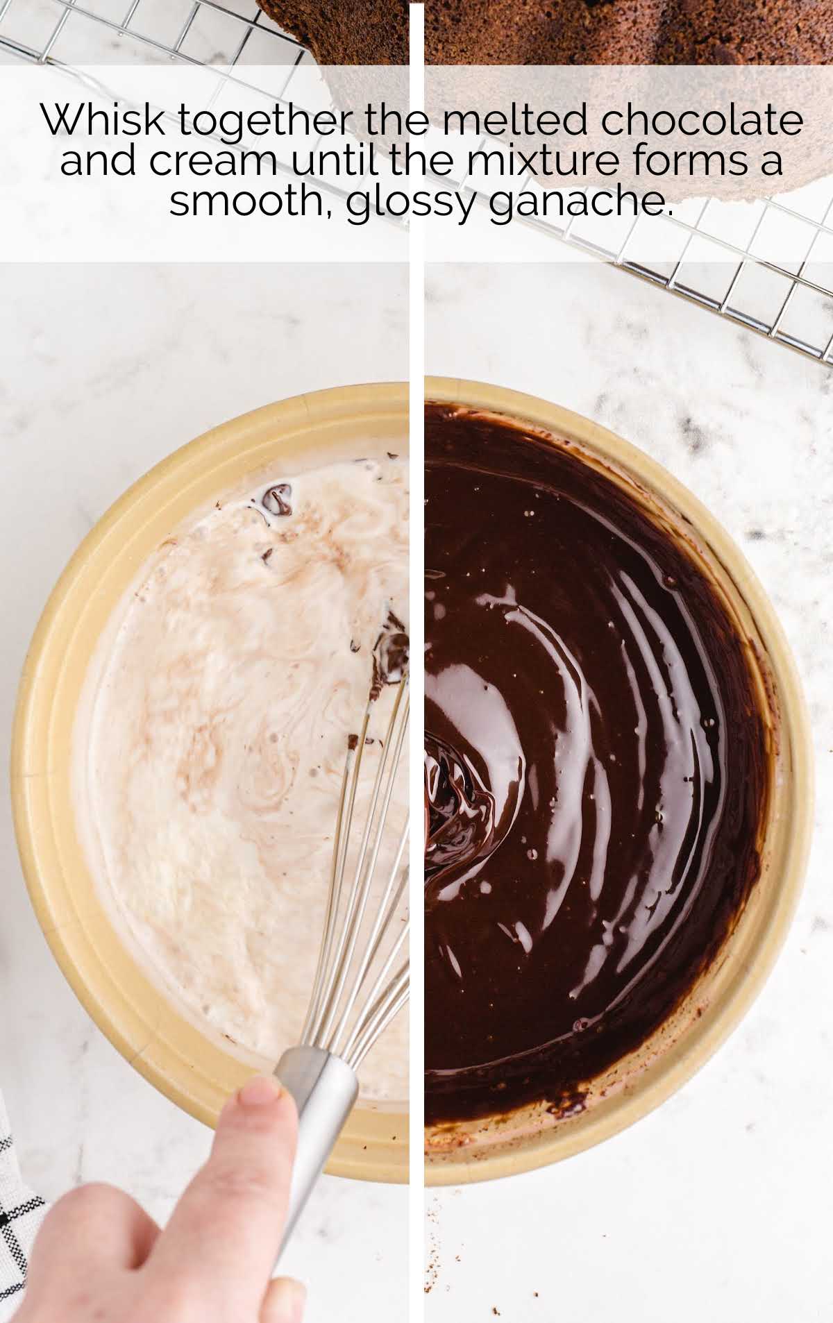 melted chocolate and sour cream whisked together in a bowl
