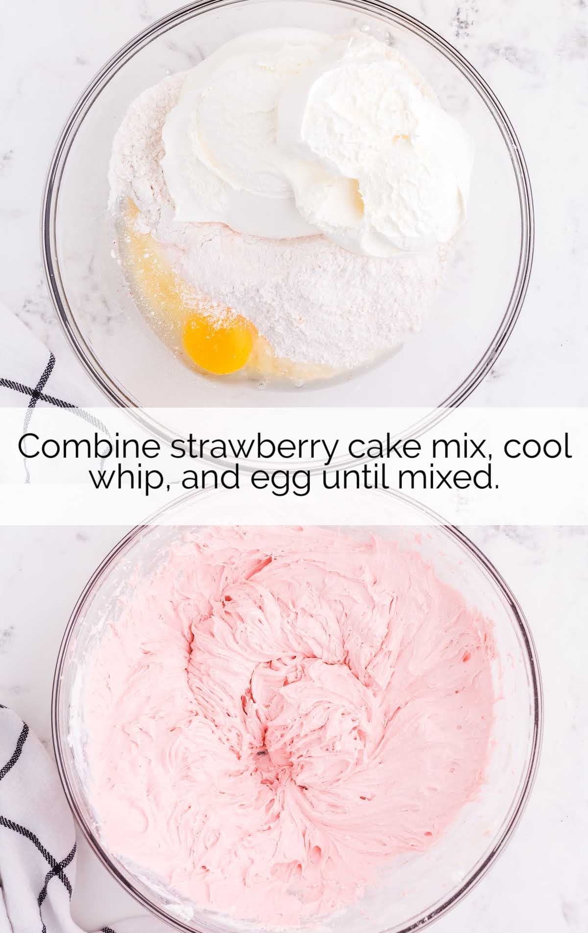 strawberry cake mix mixed with cool whip, and egg in a bowl