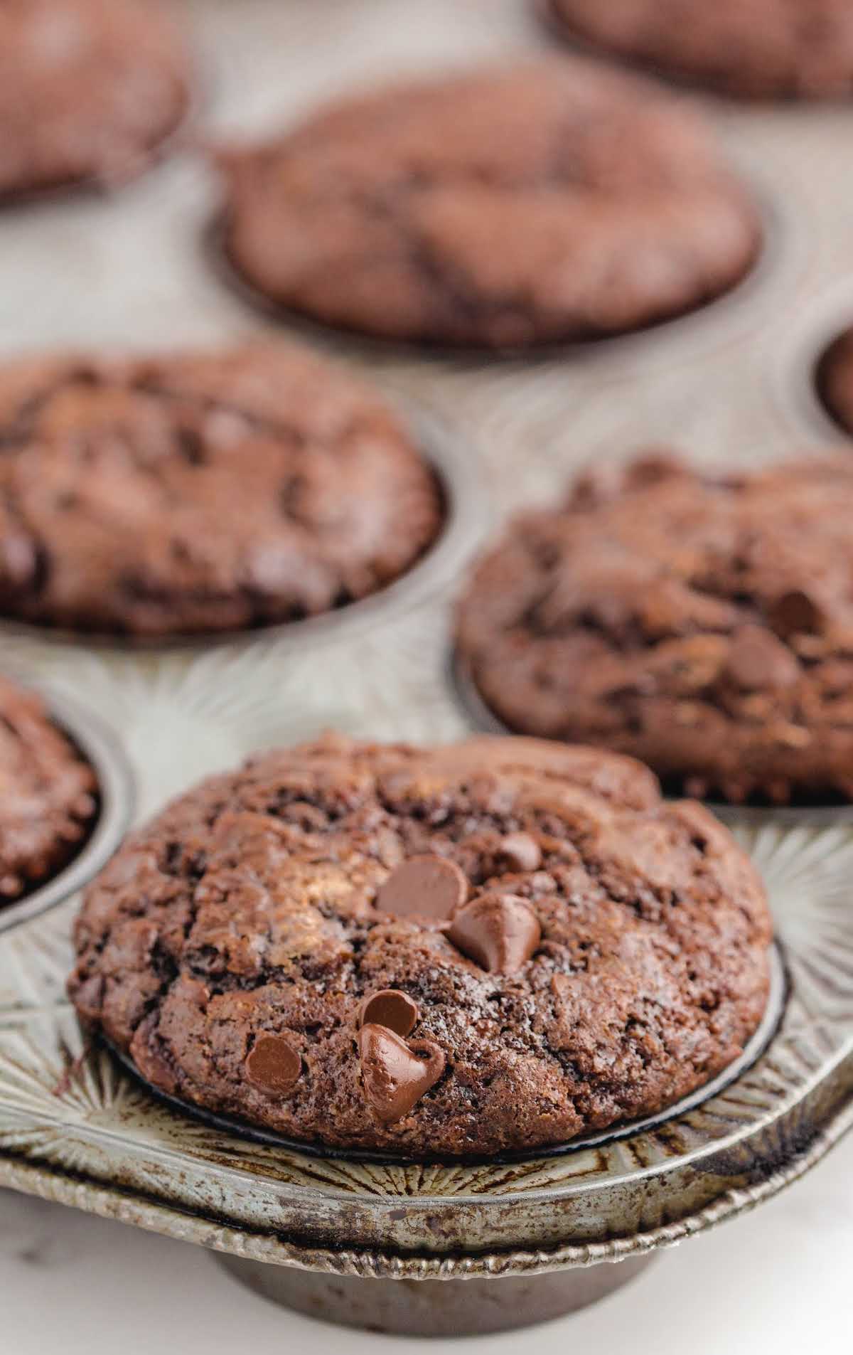 close up shot of Double Chocolate Chip Muffins in a cupcake pan