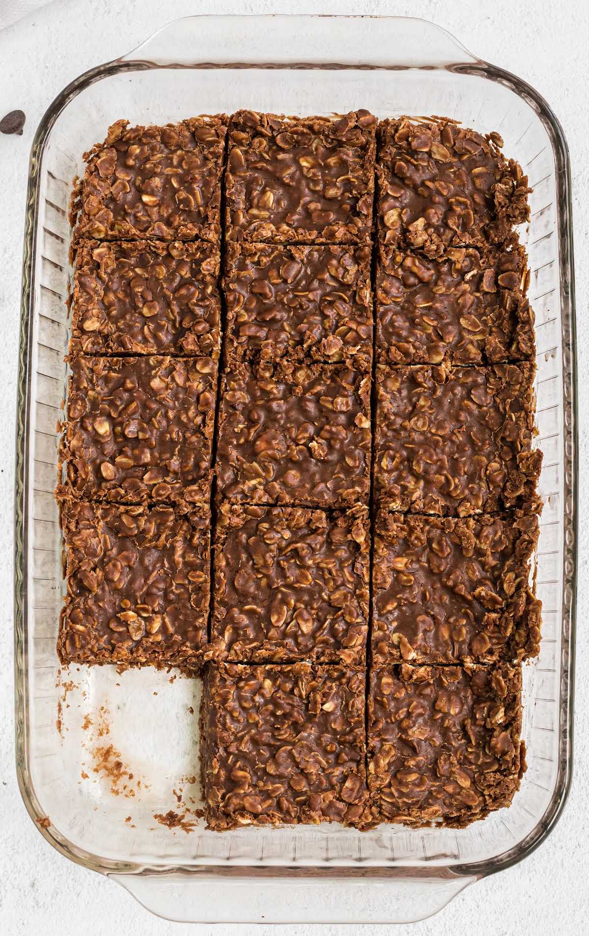 overhead shot of No Bake Chocolate Oatmeal Cookie Bars in a baking dish