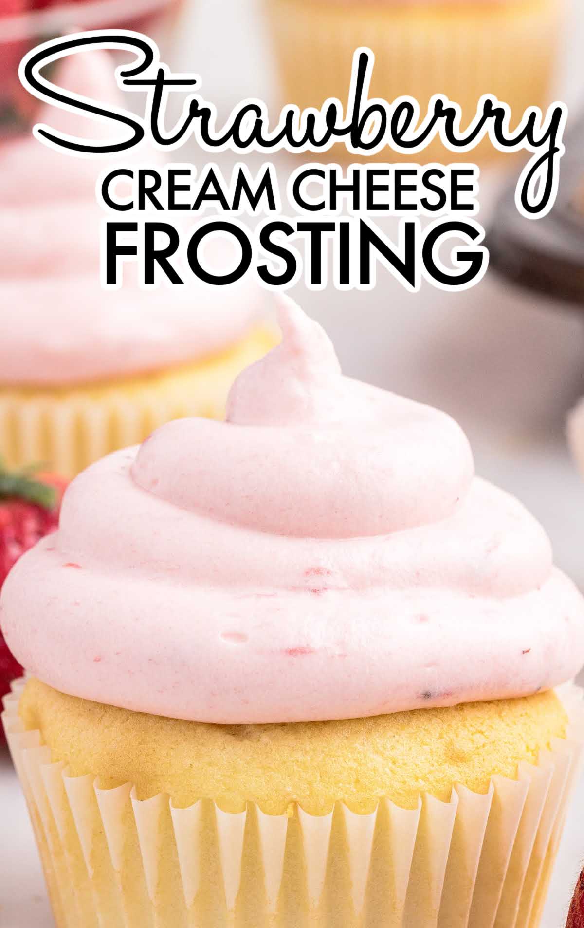 close up shot of Strawberry Cream Cheese Frosting on a cupcake