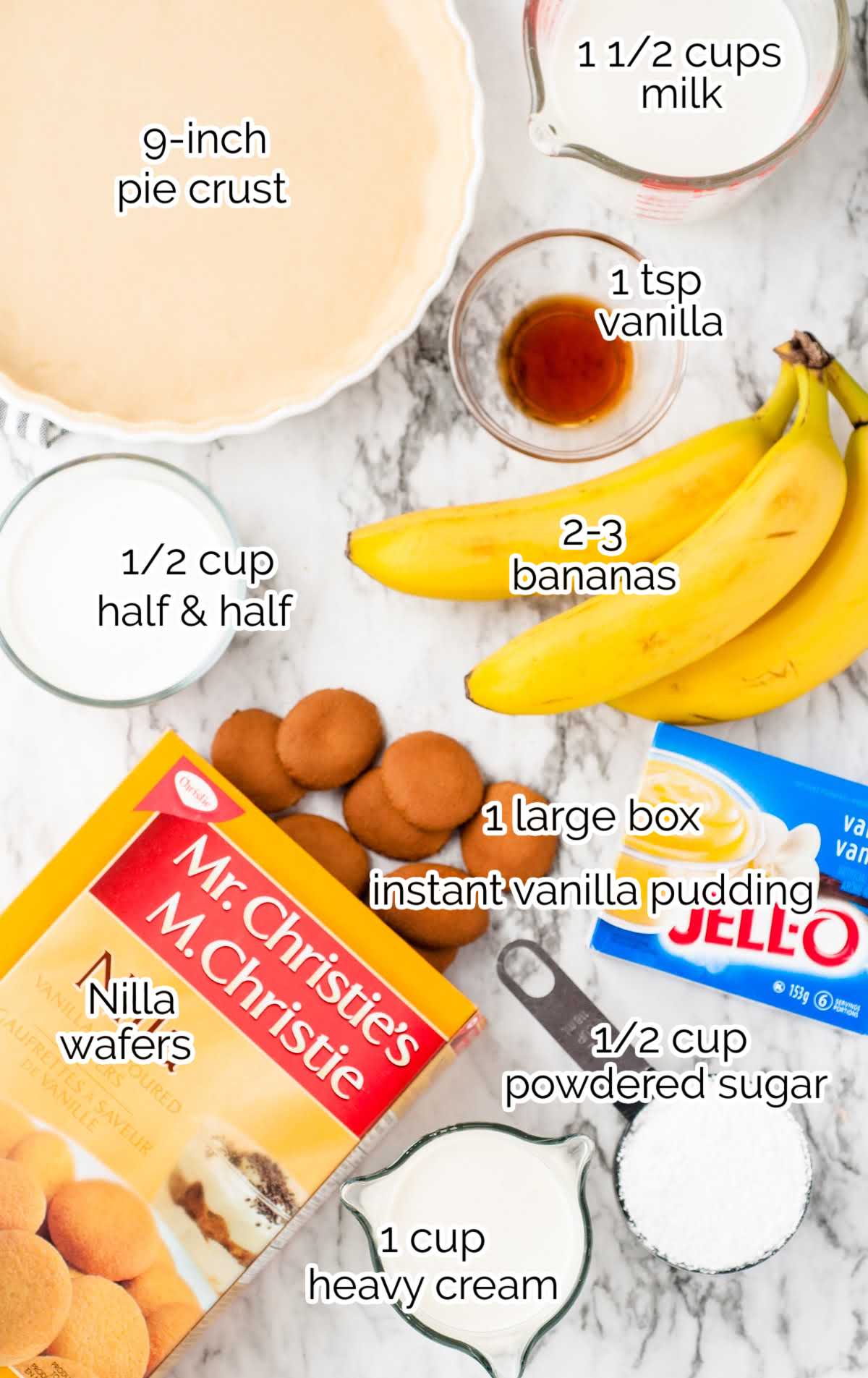 Banana Pudding Pie raw ingredients that are labeled