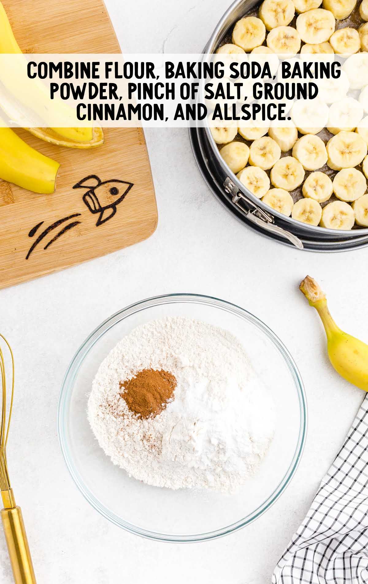 flour, baking soda, baking powder, pinch of salt, grounded cinnamon, and allspice combined in a bowl