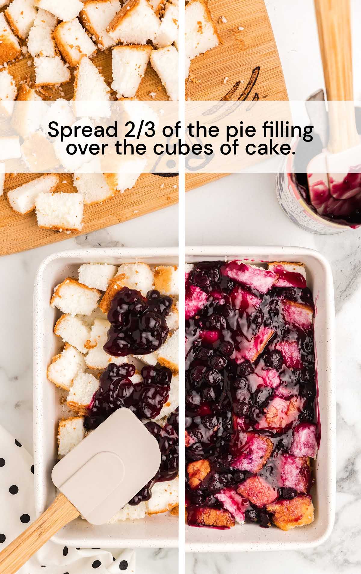 pie filling spread over the cubes of cake in a baking dish