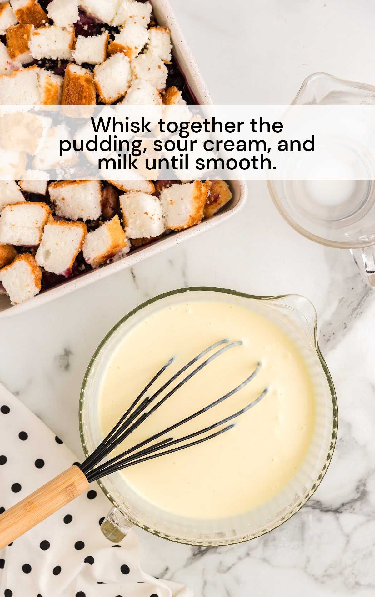 pudding, sour cream, and milk whisked together in a bowl
