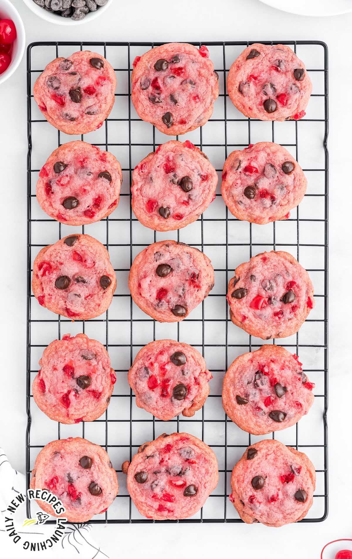 overhead shot of Cherry Chocolate Chip Cookies on a cooling rack
