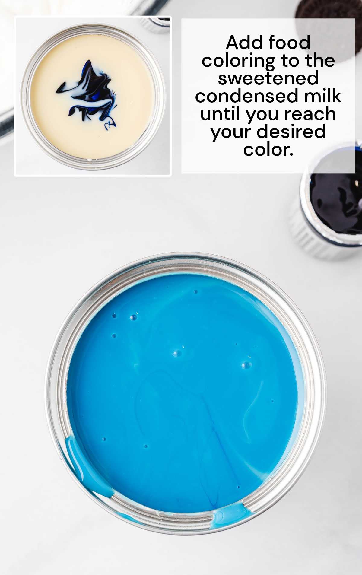 food coloring added to the sweetened condensed milk in a container