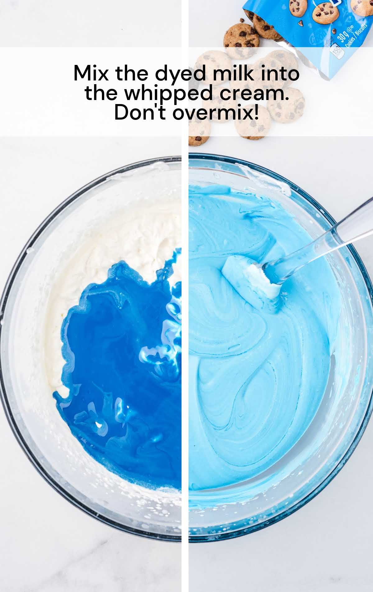 dyed milk and whipped cream folded together in a bowl