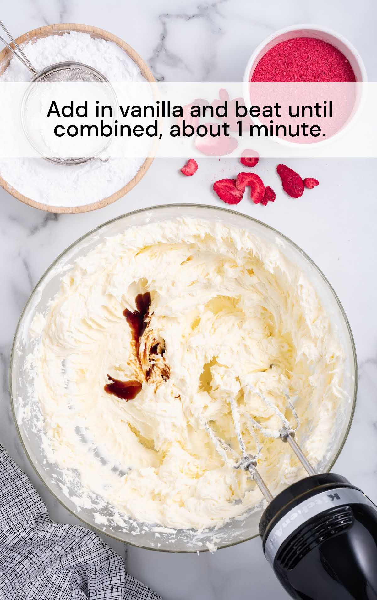 vanilla extract blended into the cream cheese mixture in a bowl