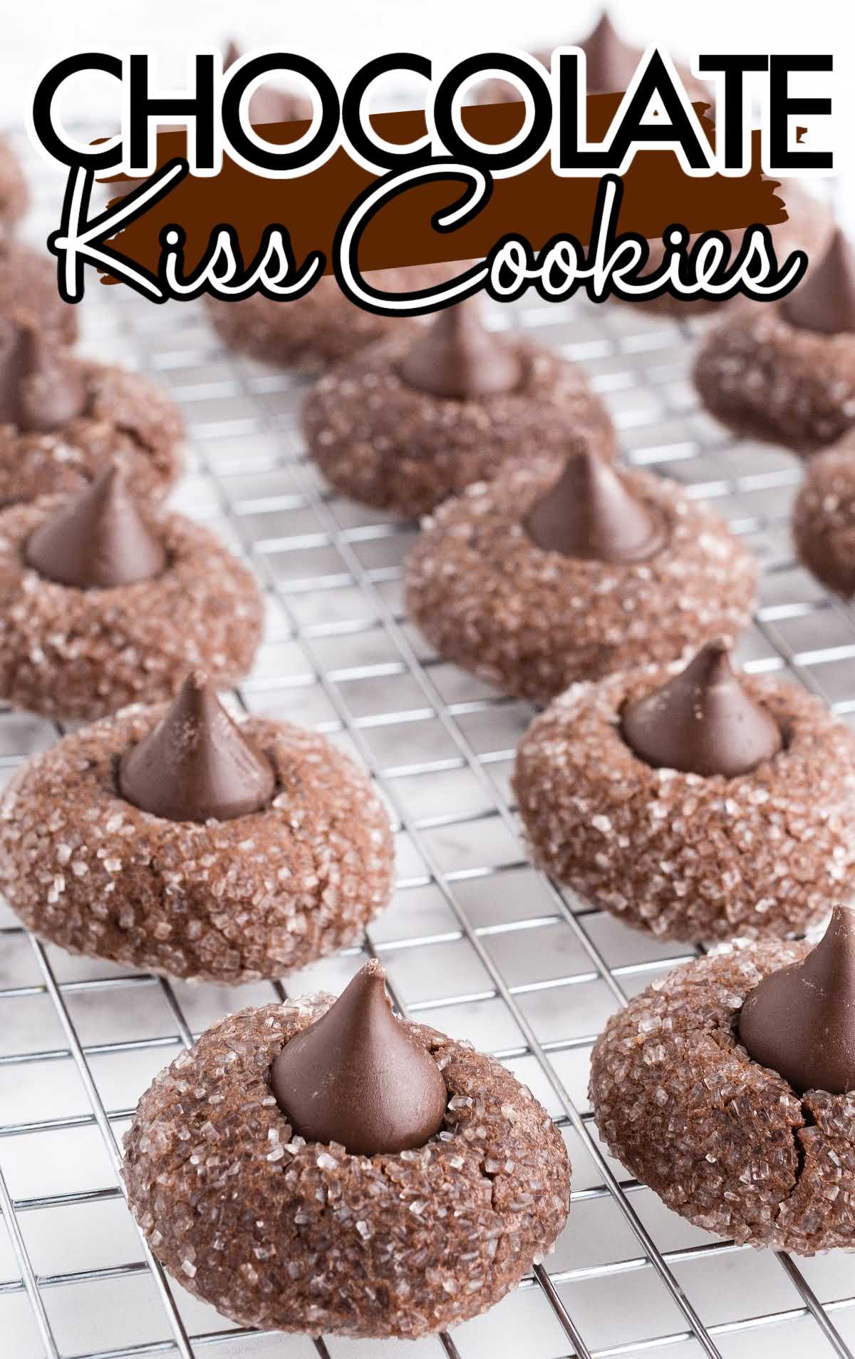 close up shot of Chocolate Kiss Cookies on a cooling rack