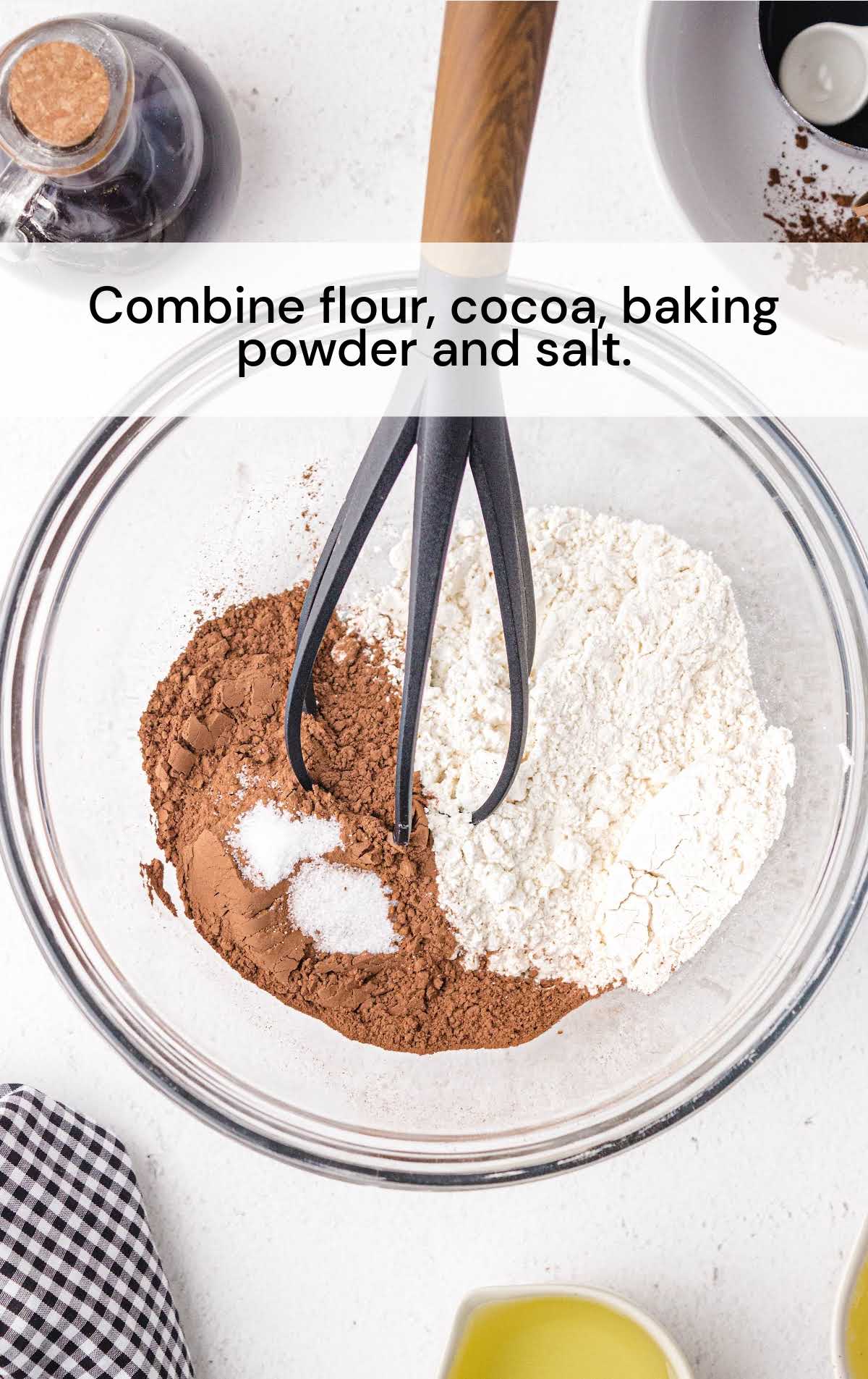 flour, cocoa, baking powder and slat whisked in a bowl