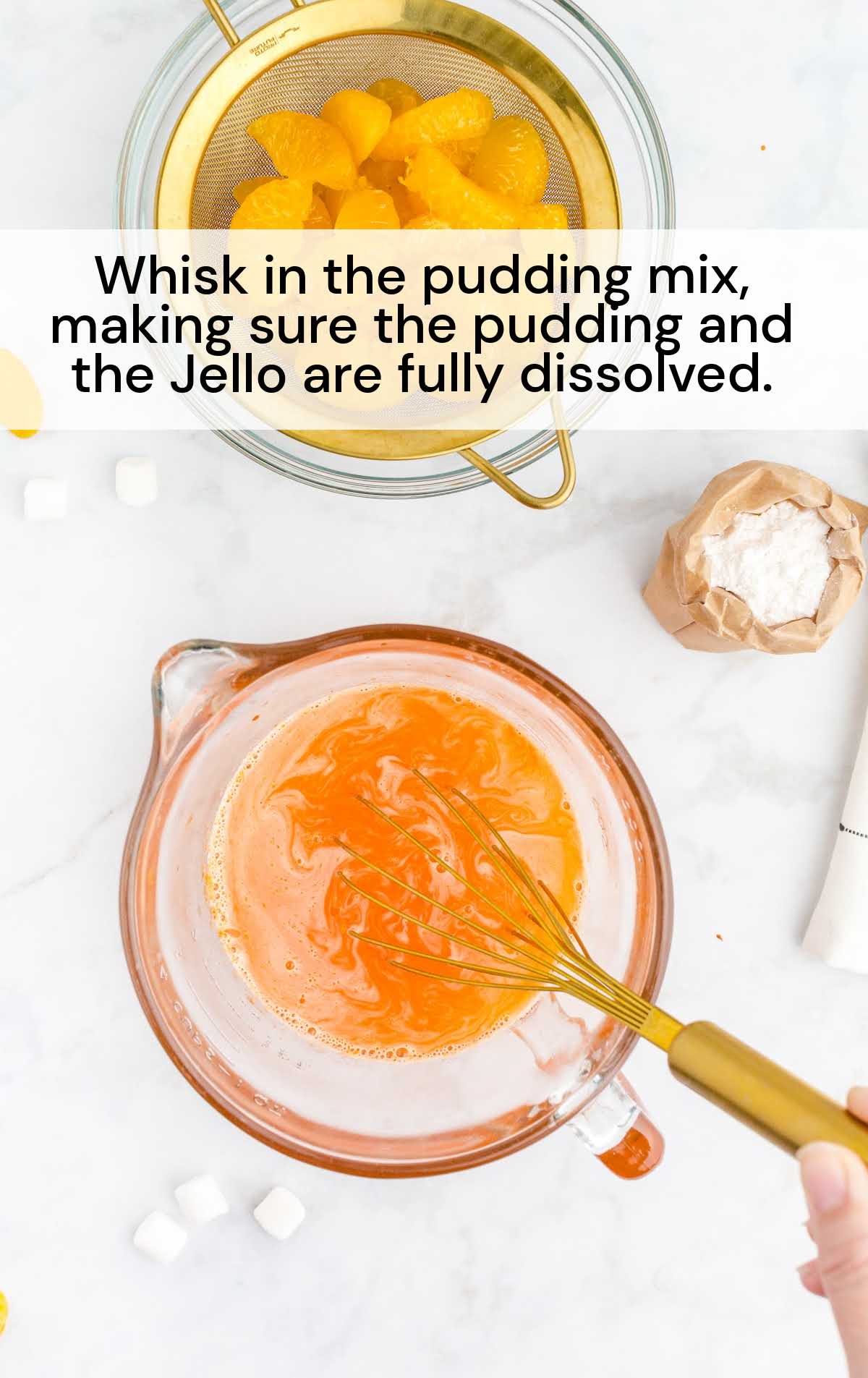 pudding mix and jello whisked together in a cup