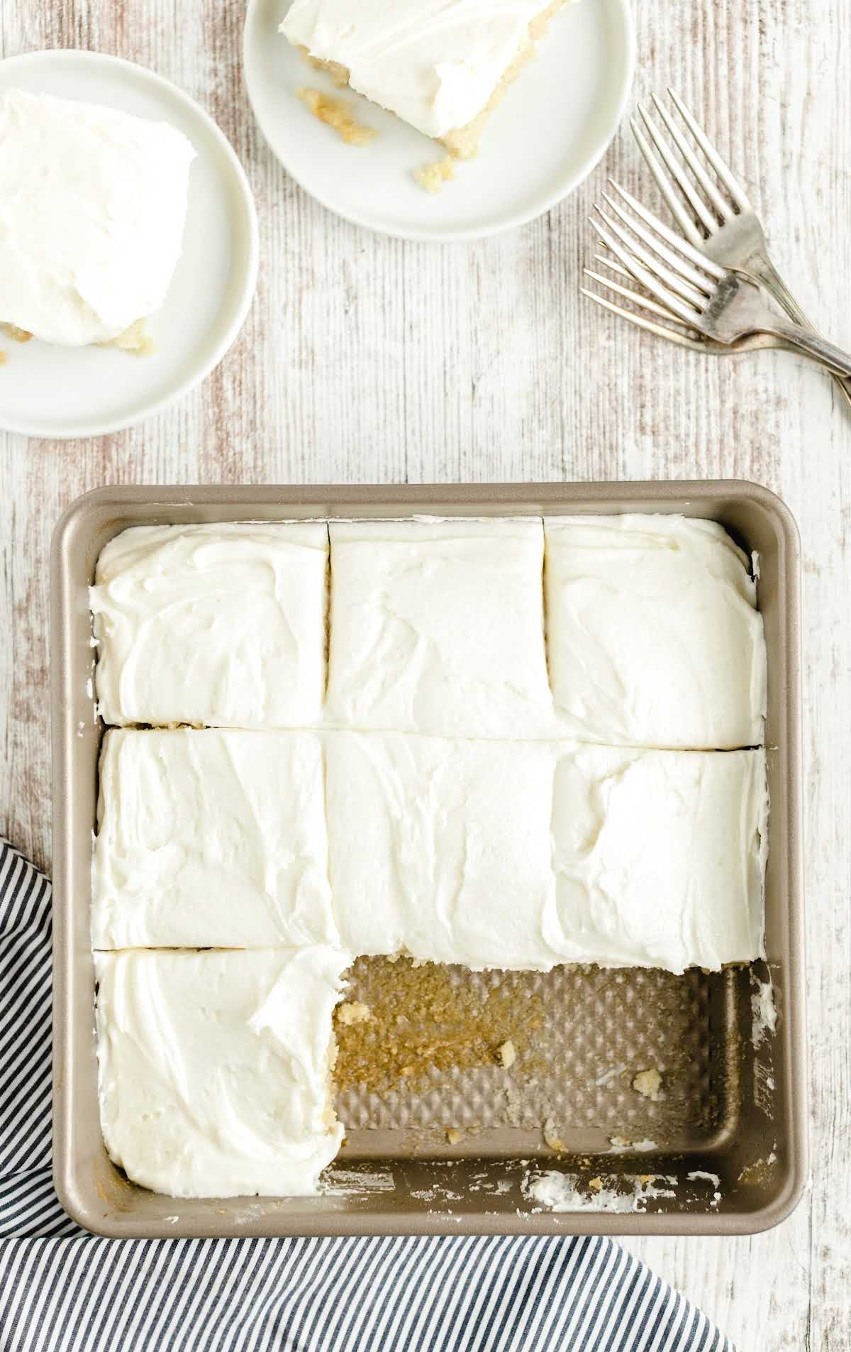 overhead shot of Vanilla Crazy Cake in a baking dish