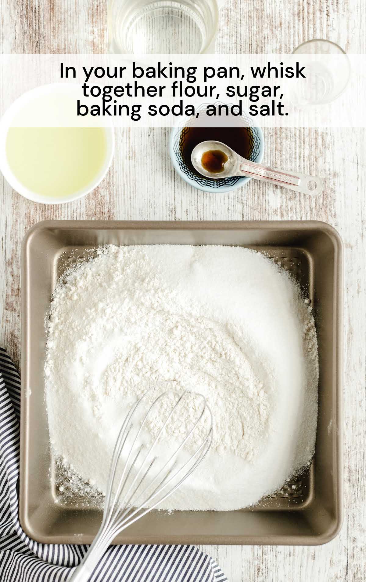 flour, sugar, baking soda, and salt whisked in a baking dish