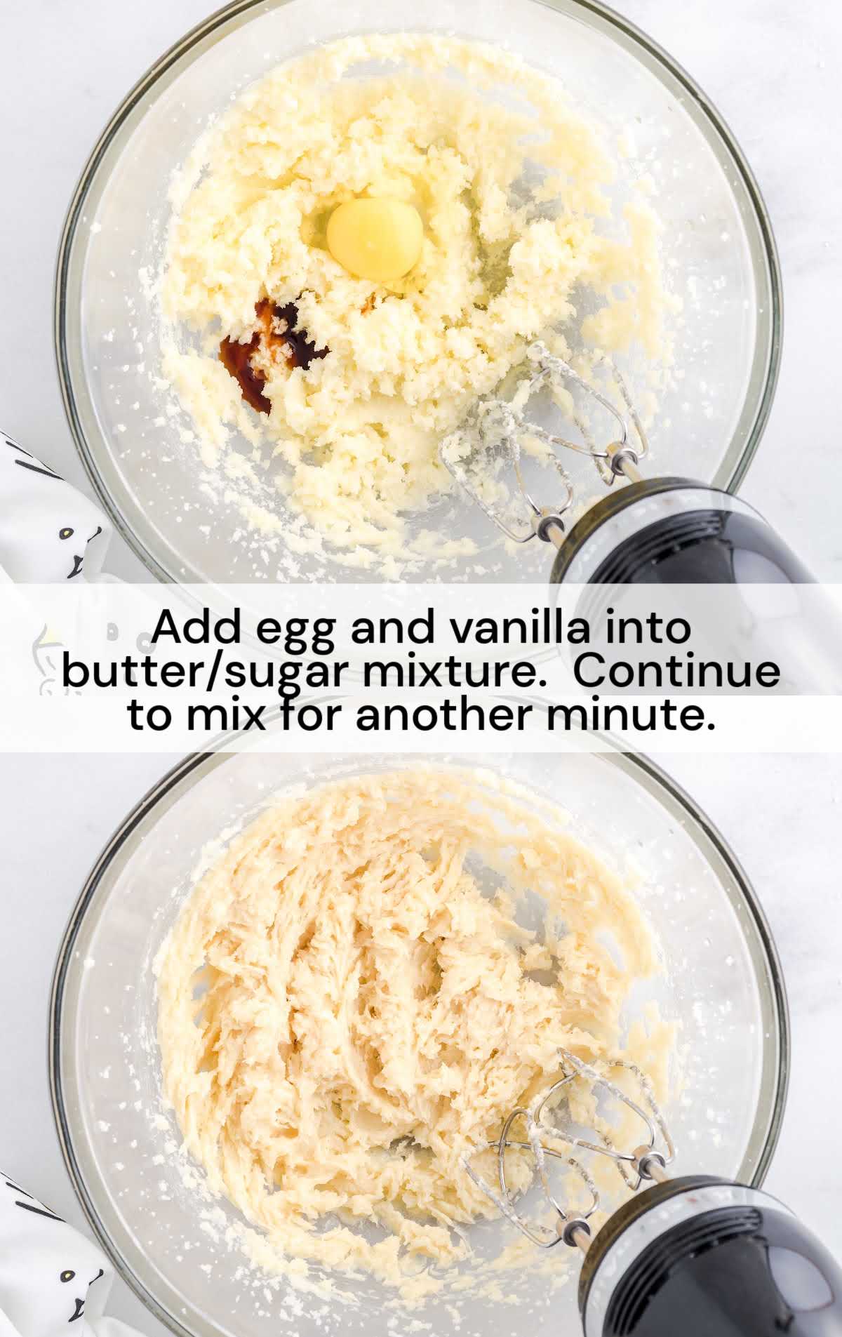 egg and vanilla added to the butter/sugar mixture and blended in a bowl