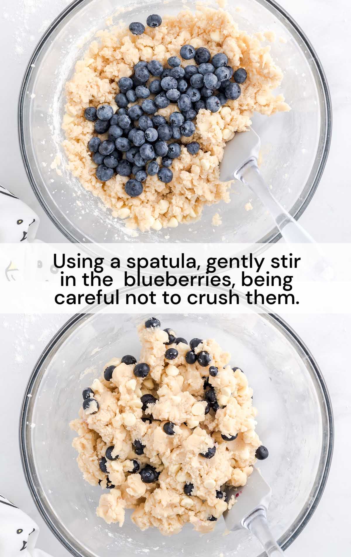 blueberries folded into the flour mixture in a bowl