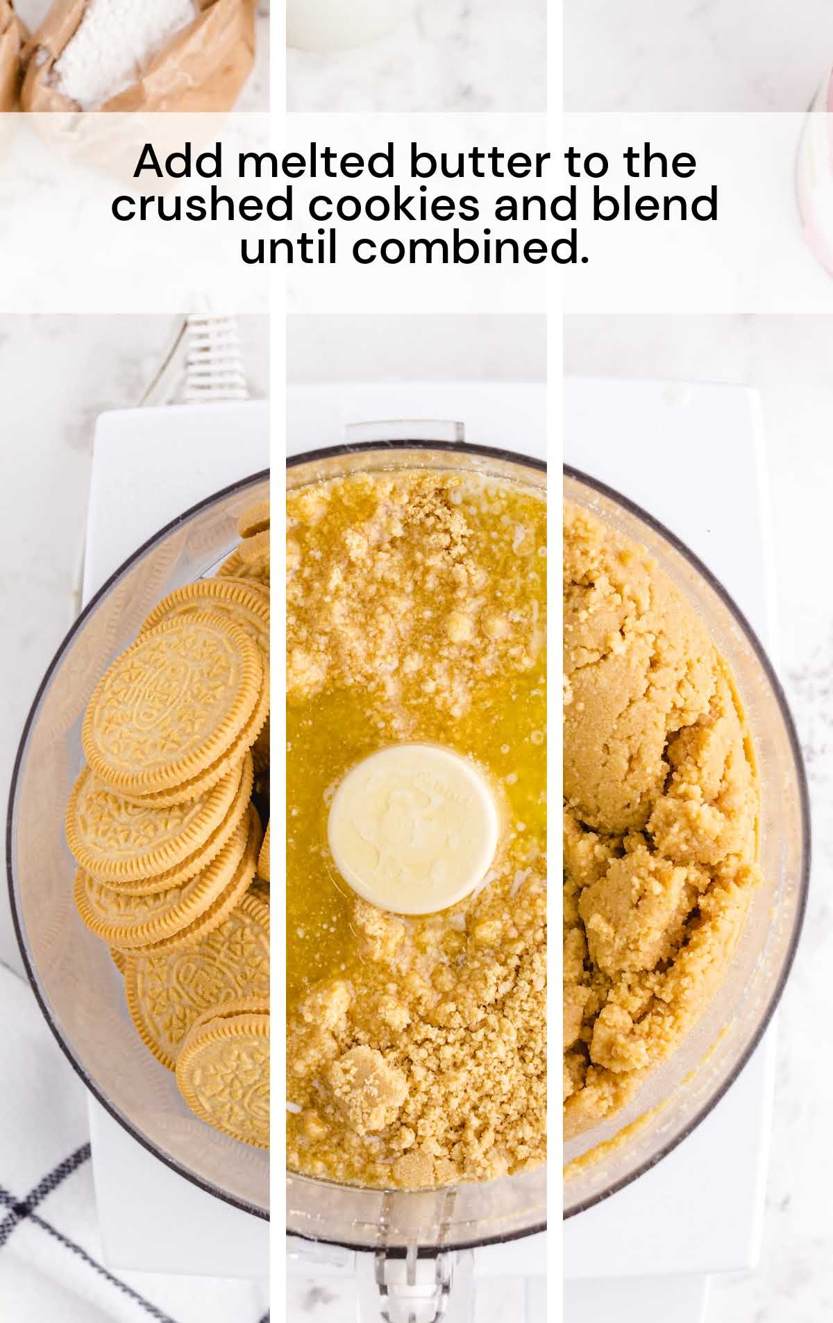 melted butter added to the crushed cookies and blended together in a bowl