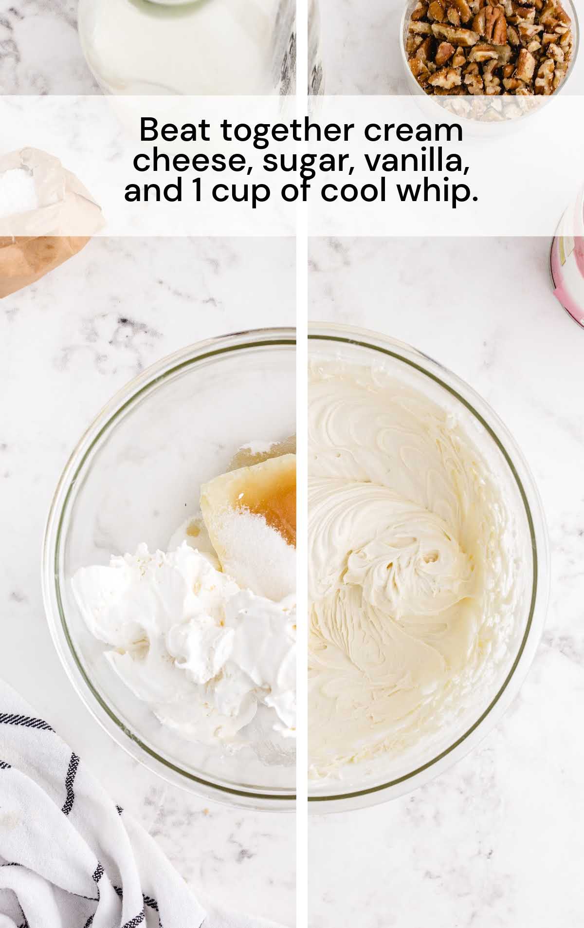 cream cheese, sugar, vanilla, and cool whip blended together in a bowl