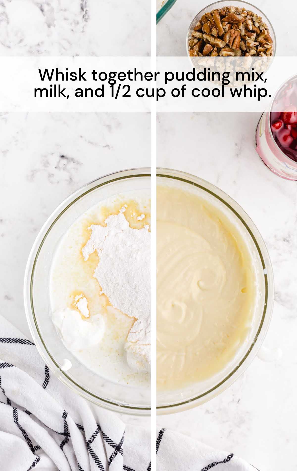 pudding milk and cool whip whisked together in a bowl