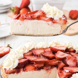 a close up shot of Strawberry Cream Cheese Pie with a slice taken out with a fork